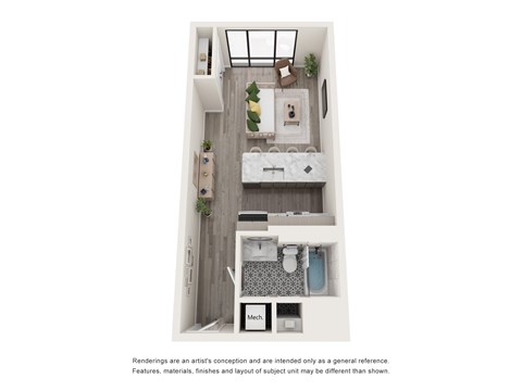A white and wood floor plan of a small apartment with a kitchen, bathroom, and living room.